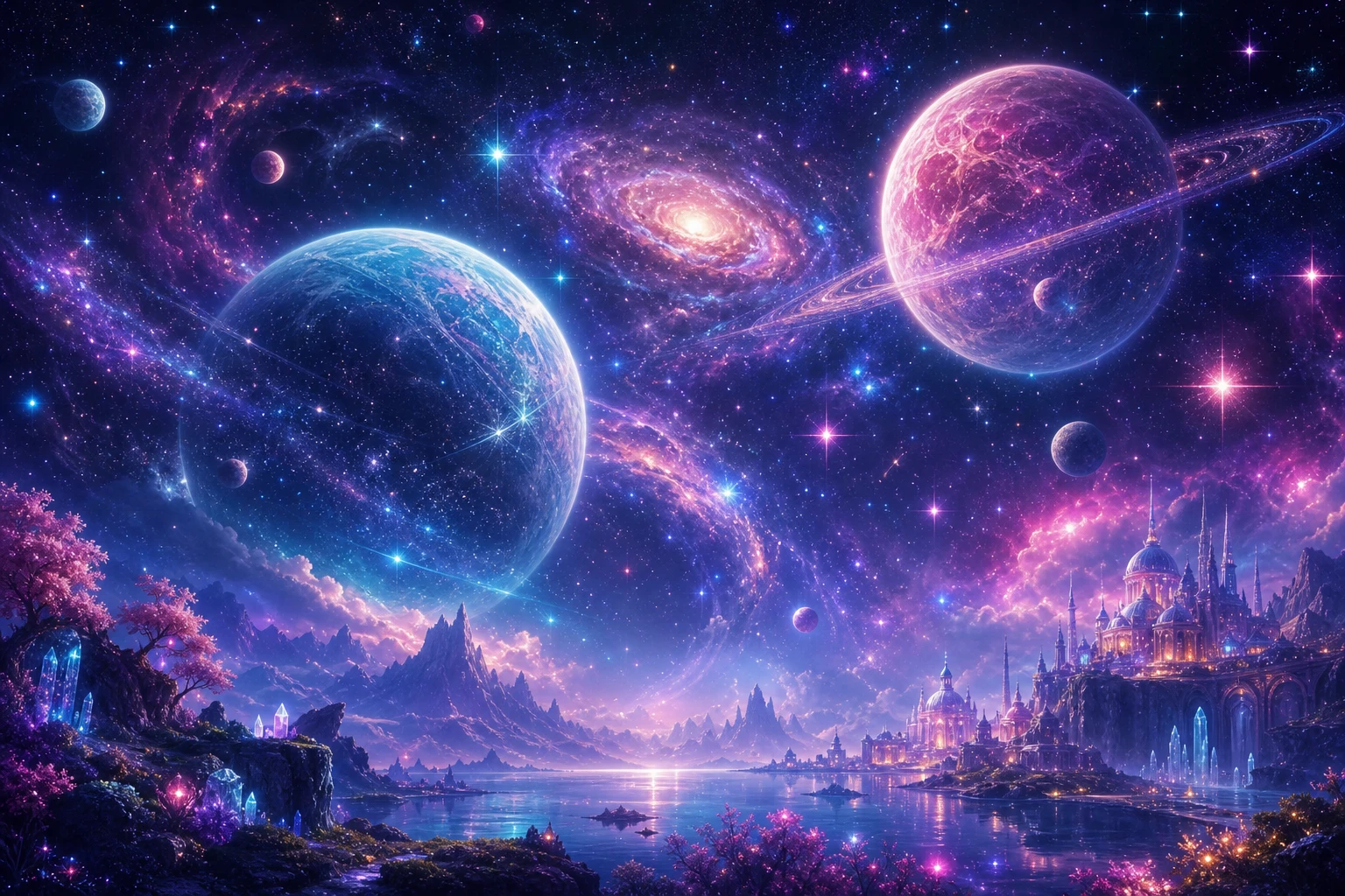 Leuchtende Planeten und Sterne in der Dunkelheit des Weltraums