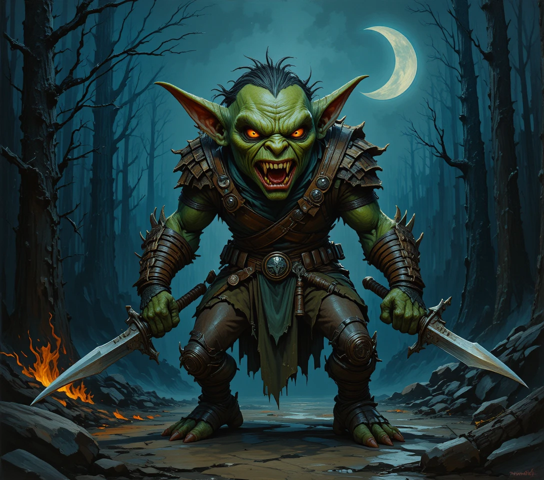 Um goblin verde empunha duas lâminas sob uma lua crescente em uma floresta sombria