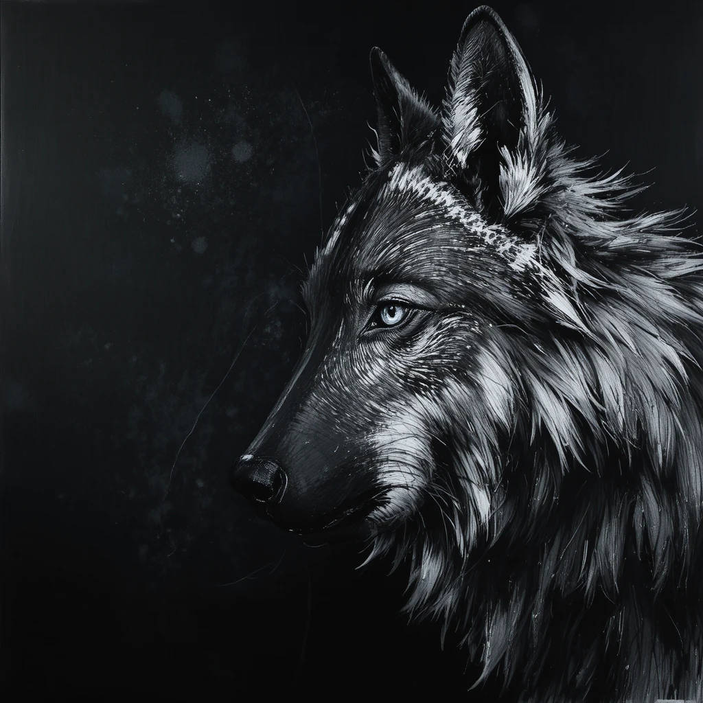 A wolf portrait in chalk emerges from deep shadow