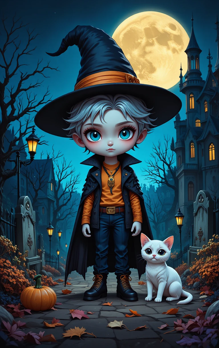 Um jovem feiticeiro e um gato branco sob a lua de Halloween