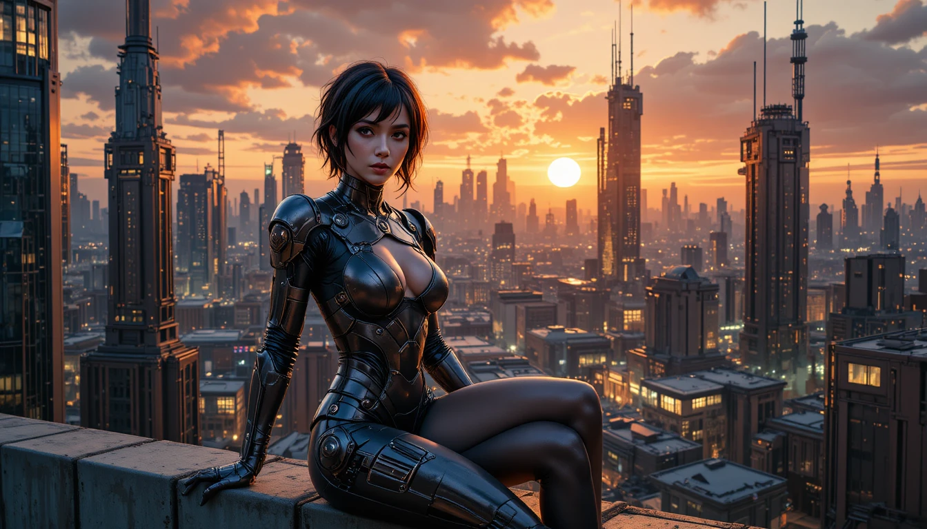 Uma mulher cibernética sentada acima de uma cidade futurista ao pôr do sol