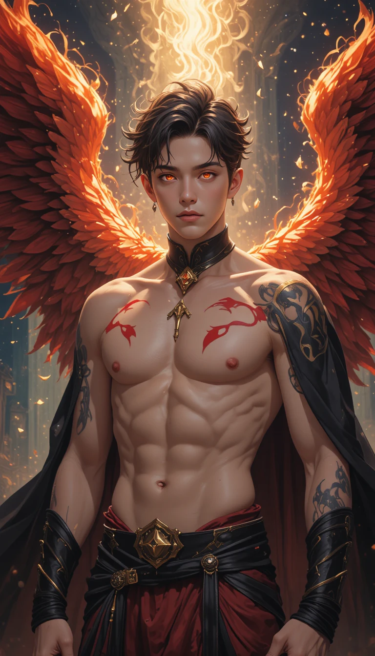 A muscular fantasy man with fiery phoenix wings and a feathered tail