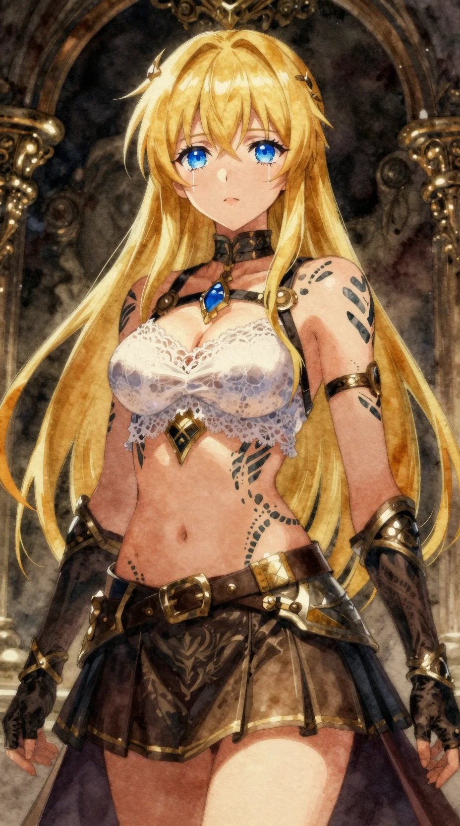 La princesse d’anime Artoria se tient fièrement, les yeux bleus baignés de larmes
