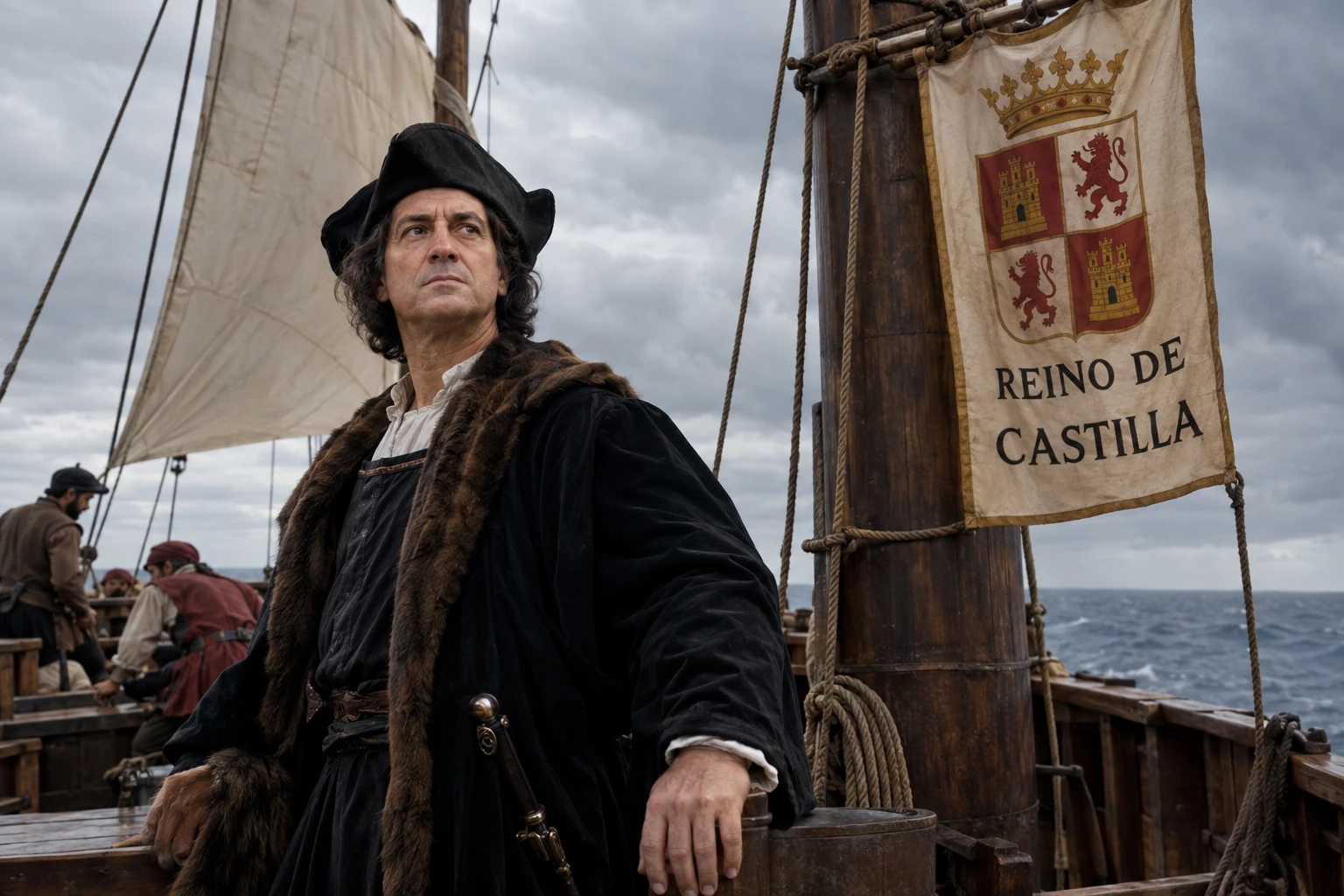 Cristoforo Colombo a bordo della sua nave sotto un cielo nuvoloso