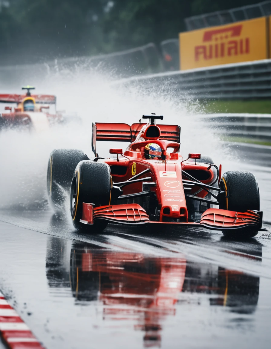 Le auto di Formula 1 sfrecciano tra gli spruzzi su una pista bagnata dopo la pioggia