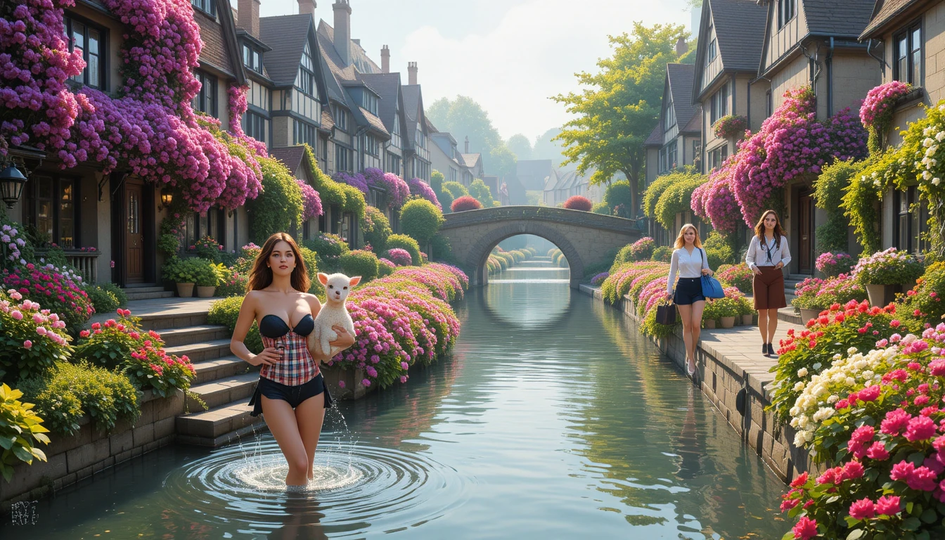 Um canal numa aldeia europeia emoldurado por flores de primavera e casas Tudor