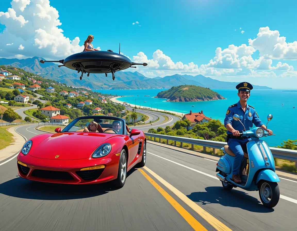 A red convertible travels along a sunny coastal highway