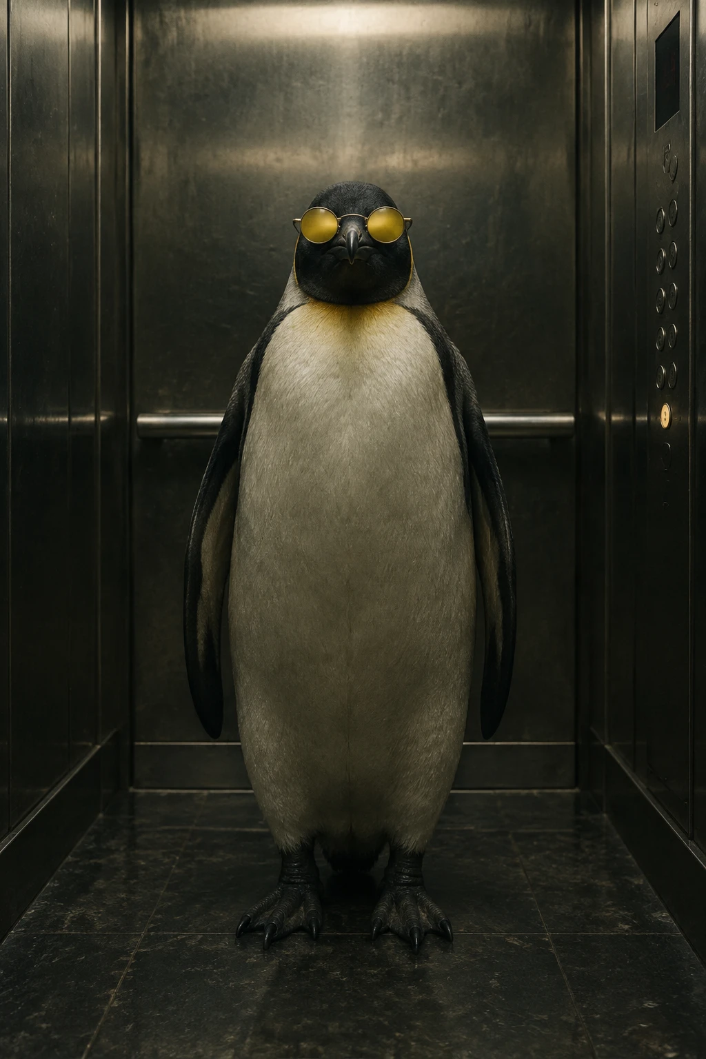 Un pingüino de cuerpo entero con gafas de sol redondas amarillas mira a la cámara dentro de un ascensor