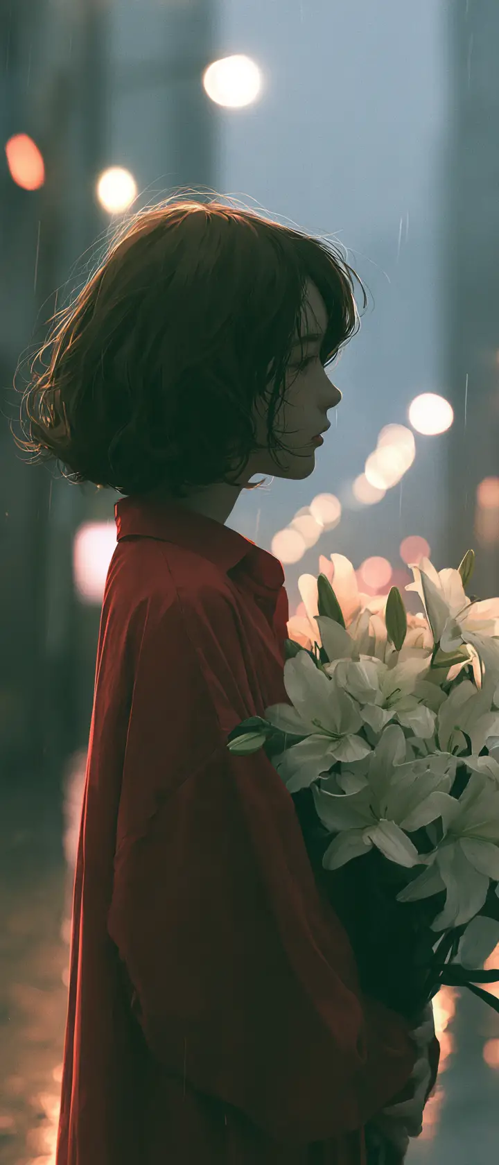 雨天城市街道上手捧白色百合的動漫女孩