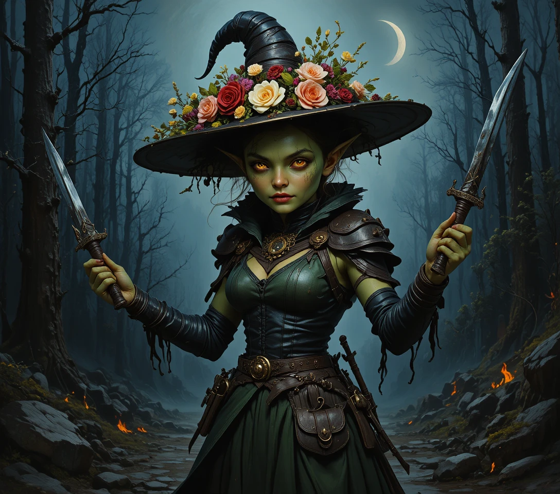 Une femme élégante portant un chapeau noir orné de fleurs et une robe en dentelle