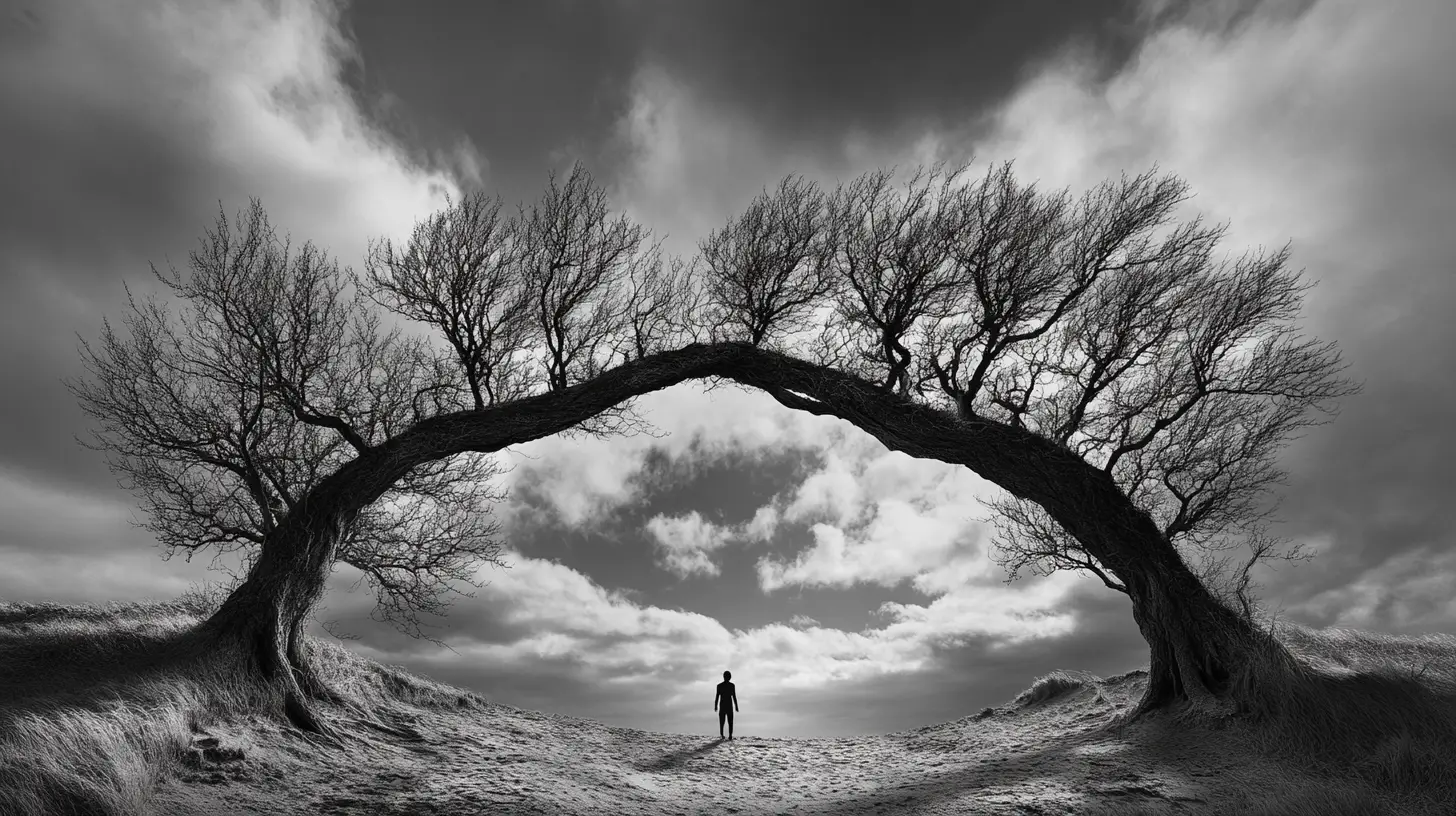 Angled trees form an arch above a solitary figure