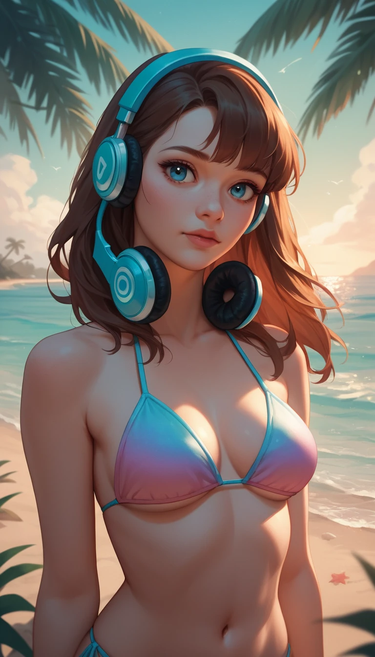 A Red-haired Woman in a Metallic Pink Bikini on a Tropical Beach