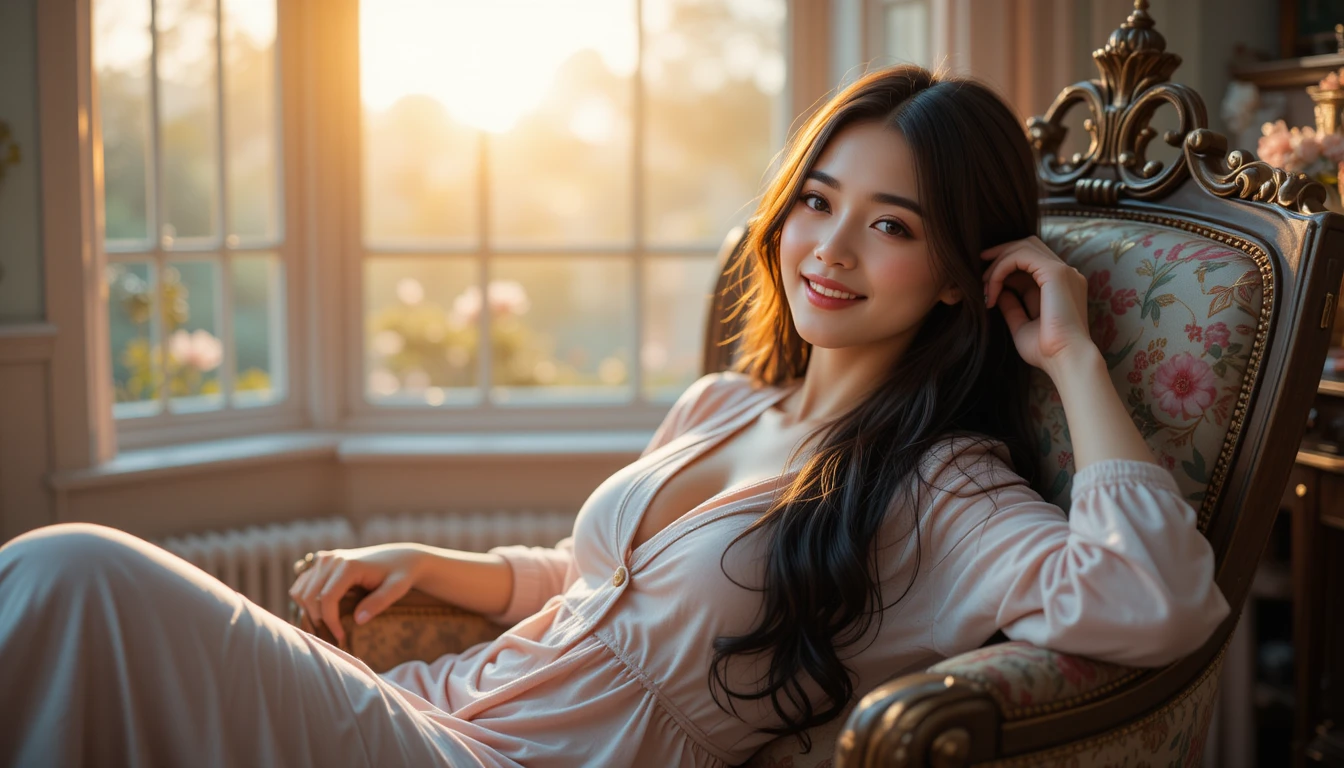 Uma mulher asiática reclina-se numa poltrona ornamentada, vestindo roupa confortável em tons pastel