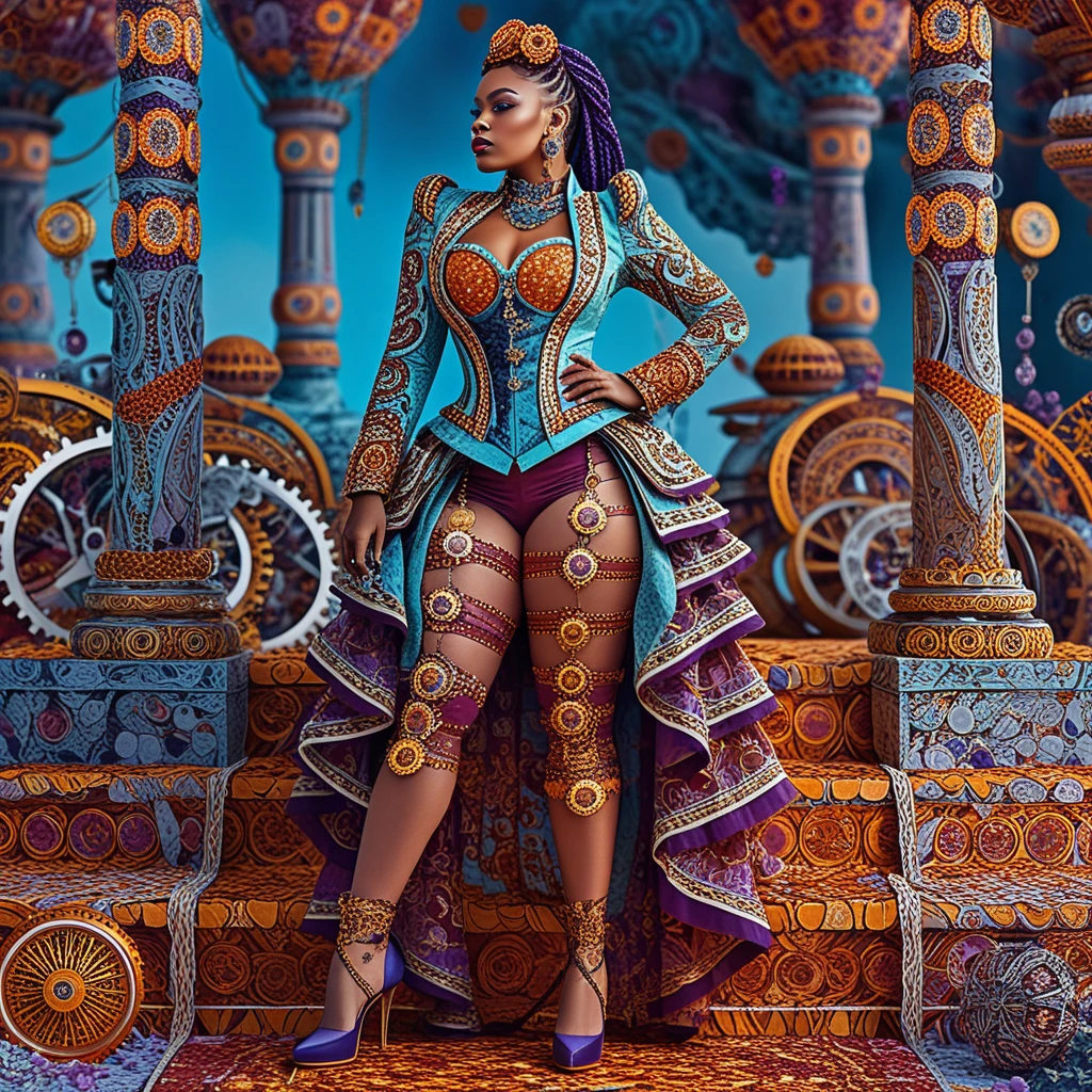 Uma glamorosa mulher steampunk adornada com joias numa ilustração de autocolante de corpo inteiro