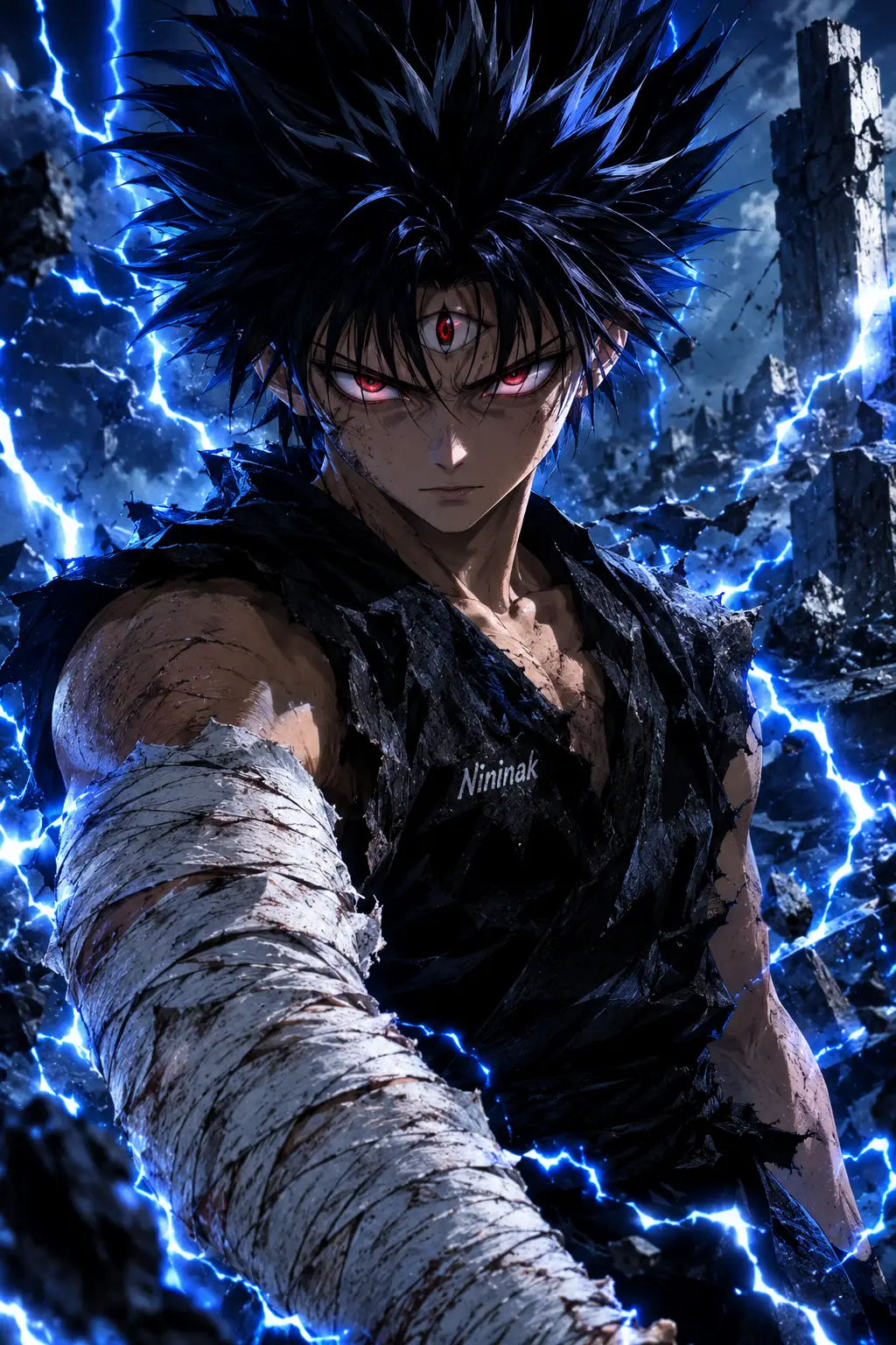 Hiei's Jagan eye glows as blue lightning surrounds him