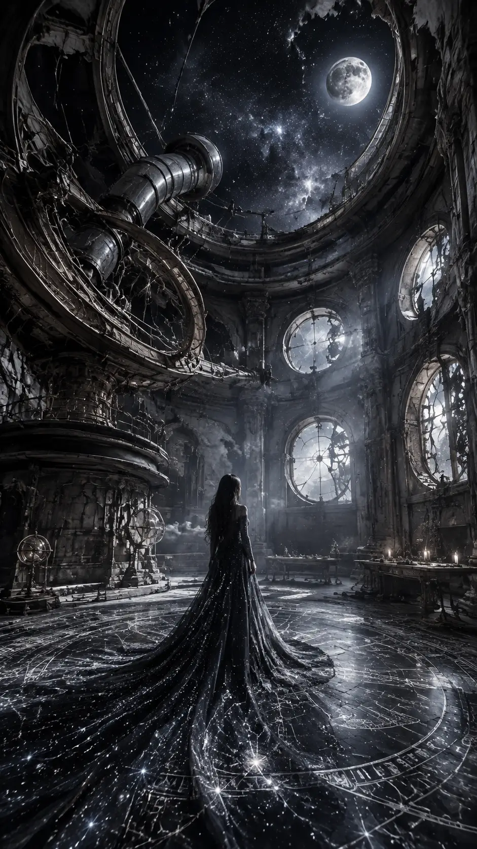 A Woman Stands Beneath an Observatory Ceiling Open to Deep Space