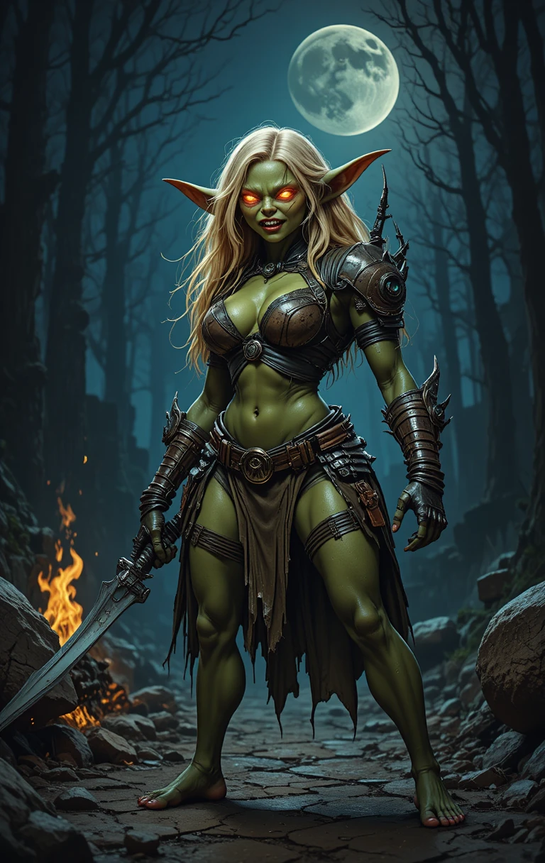 Um goblin verde está armado sob uma lua crescente em uma floresta escura