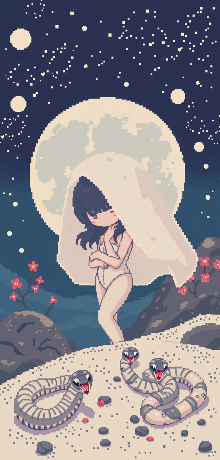 Garota em pixel art com um macacão de lua atrás de um véu lunar
