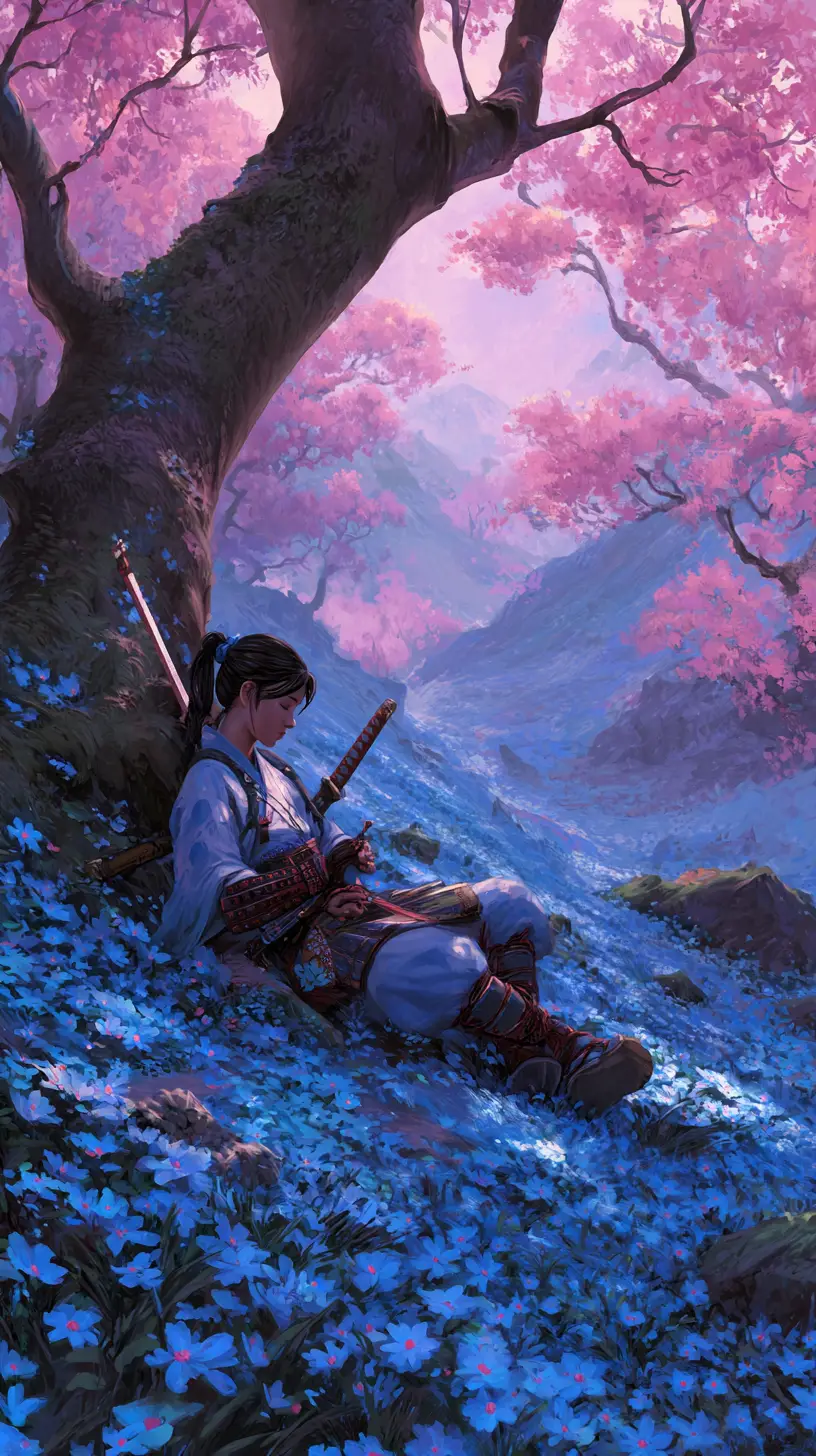 武士少女在藍花遍野的景色中，於櫻花樹下悠閒休憩