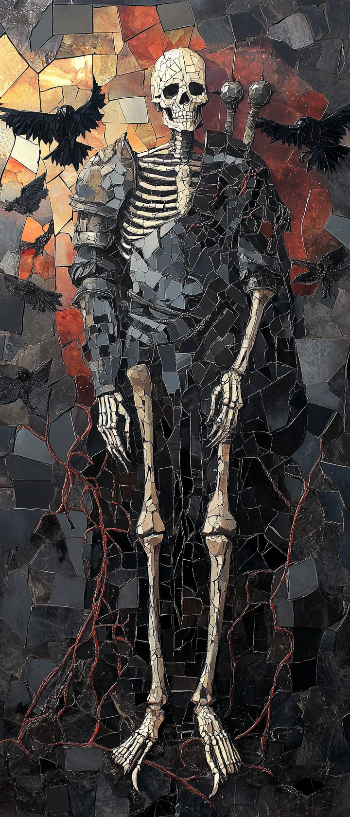 Um cavaleiro esqueleto em mosaico diante de um castelo espectral em ruínas