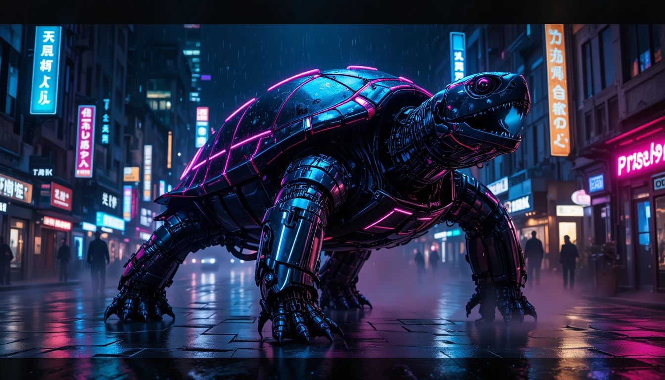 A cybernetic sea turtle robot stands on a rain slicked neon street