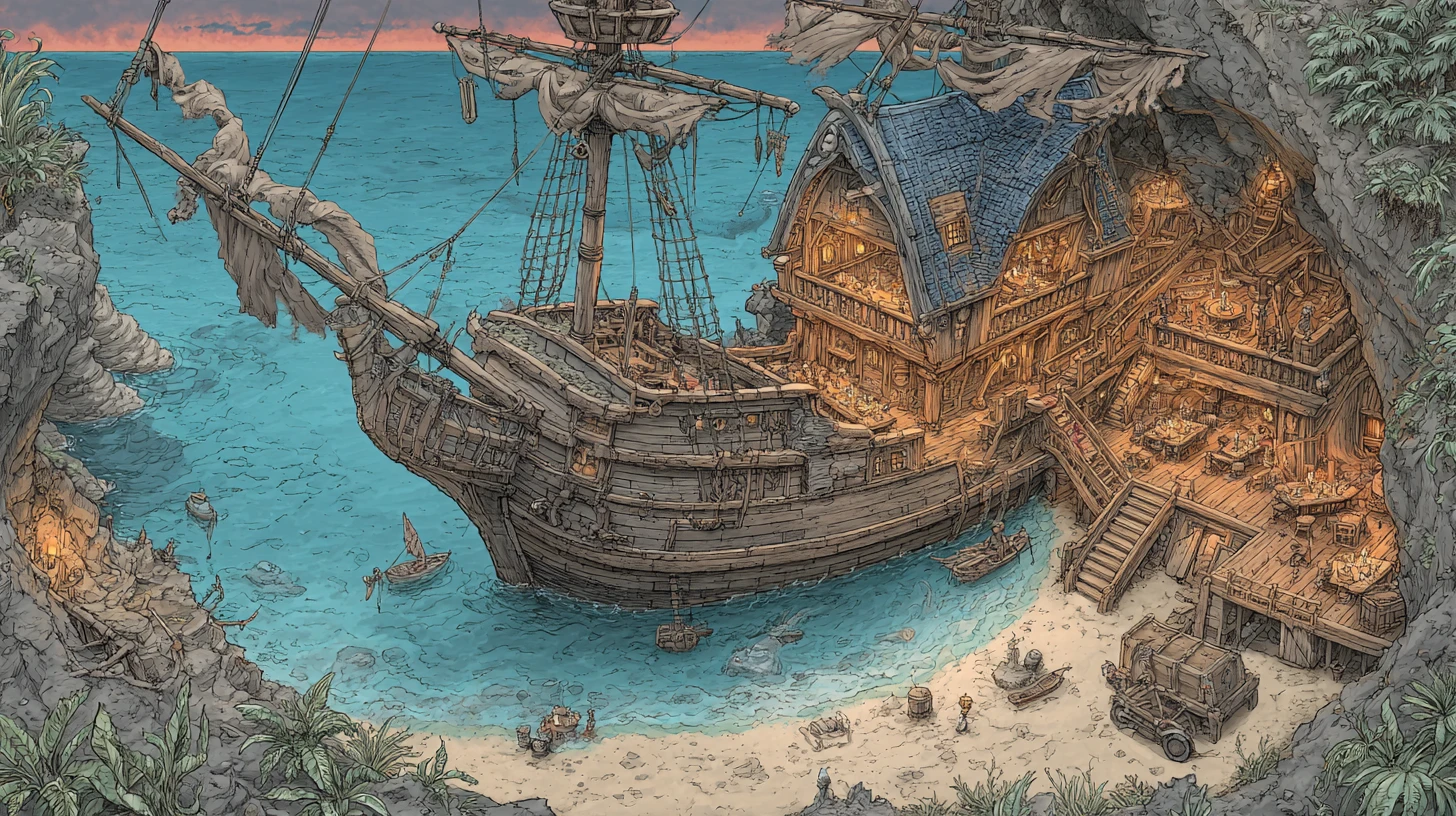 Um navio pirata naufragado transformado em taverna numa enseada escondida
