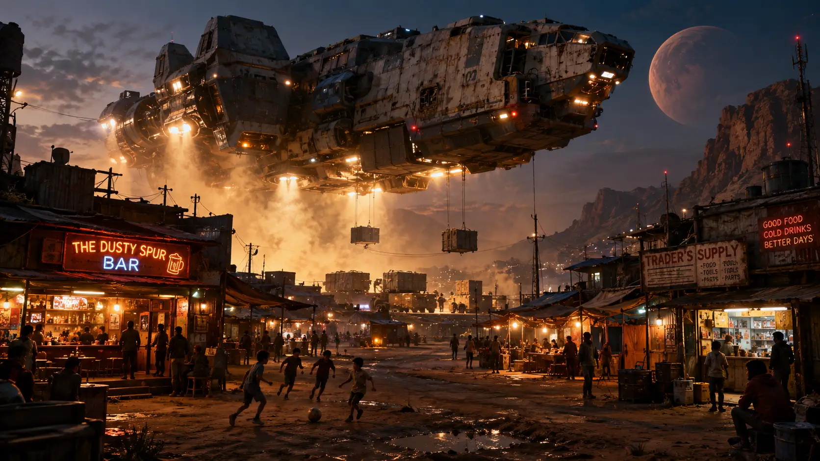 補給期間，貨運太空船懸浮在塵土飛揚的外星城鎮上空