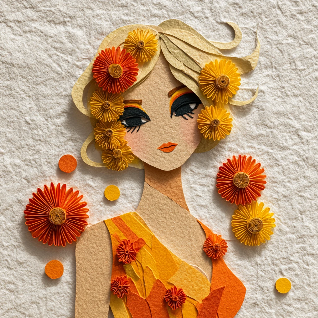 A floral paper cutout woman against a textured white background