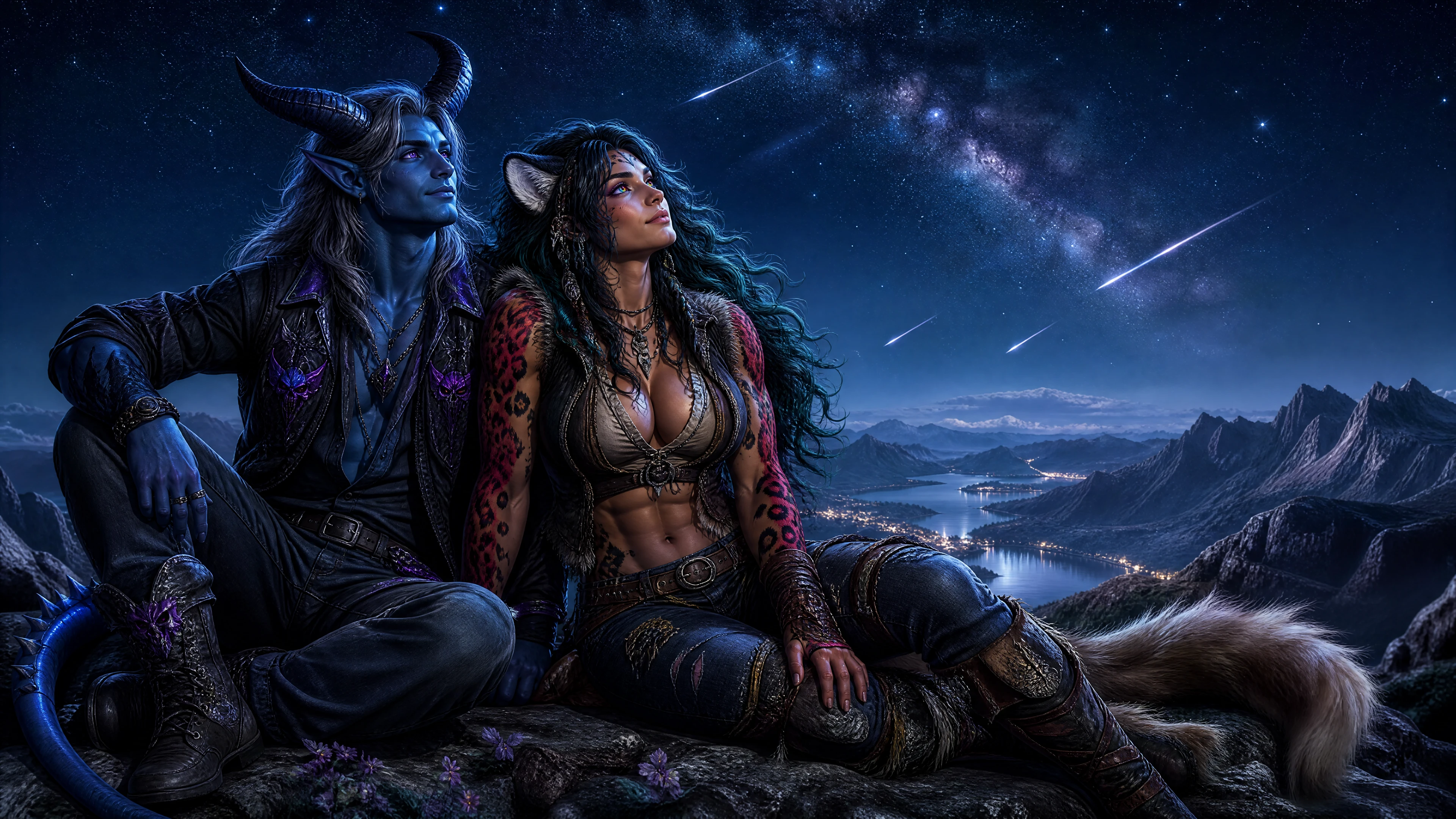Um demônio e uma mulher-fera observam uma estrela cadente do alto de uma montanha