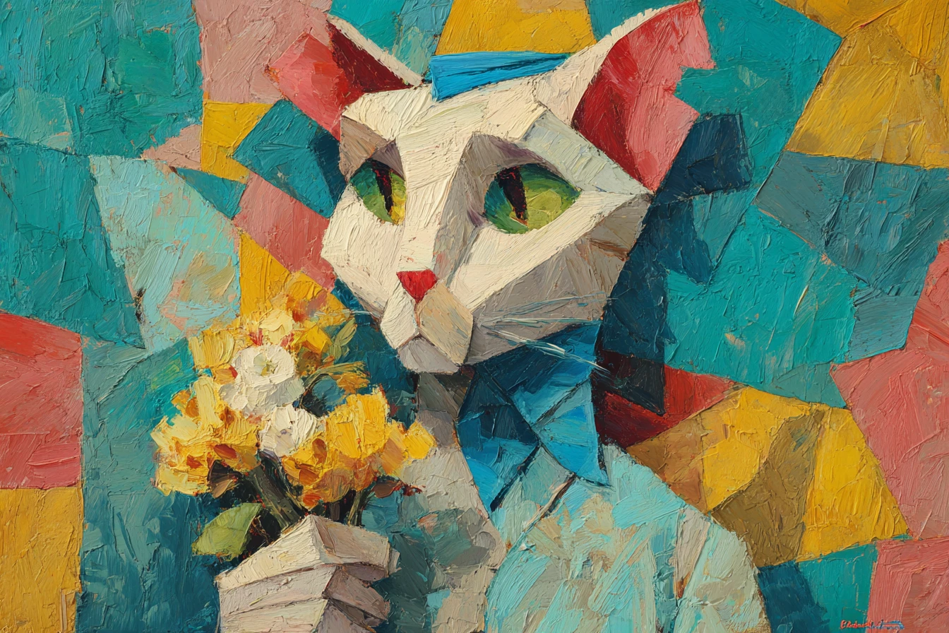 Eine kubistische Katze hält leuchtende Blumen vor einem geometrischen Hintergrund