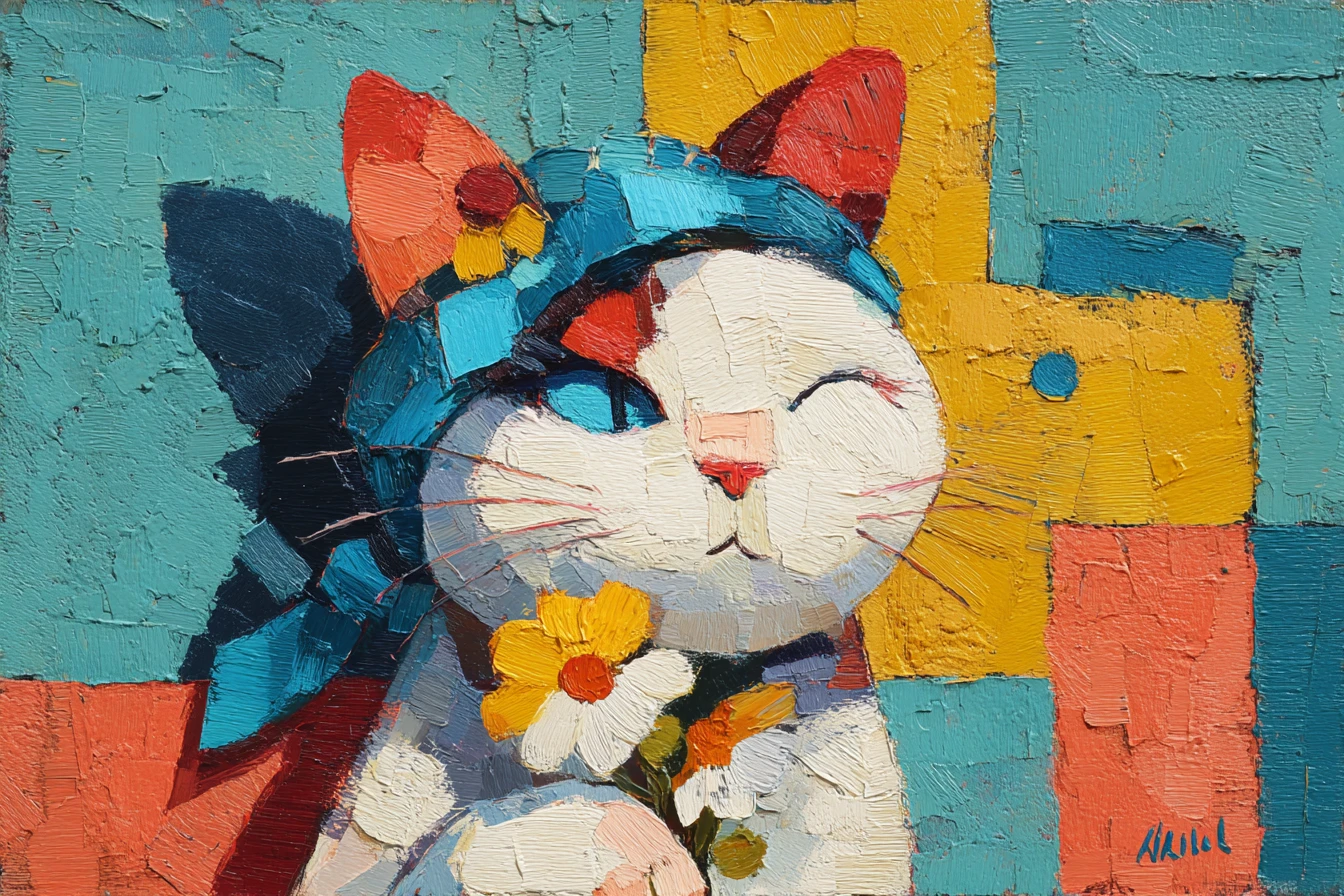 Un gato geométrico sostiene flores en una audaz pintura cubista