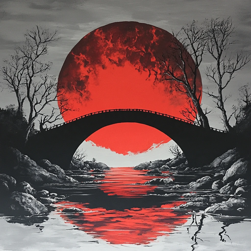 Ein riesiger purpurroter Mond hängt über einer Brücke und spiegelt sich im gekräuselten Wasser