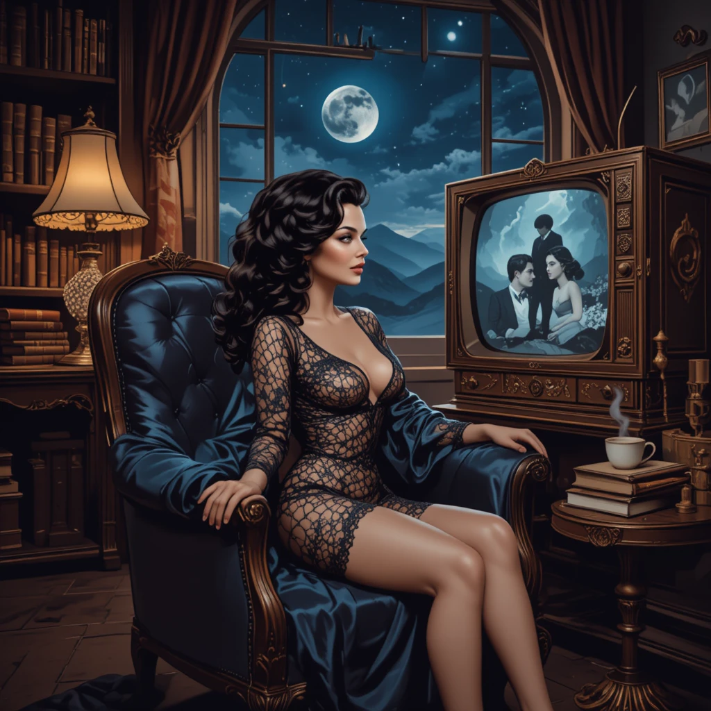 Uma mulher pin-up relaxa em lingerie de renda numa poltrona ornamentada