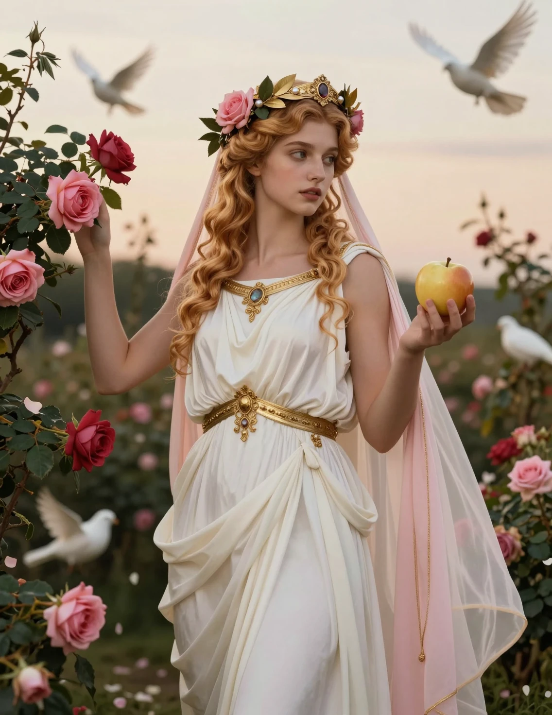 Afrodite segura uma maçã dourada num jardim clássico de rosas