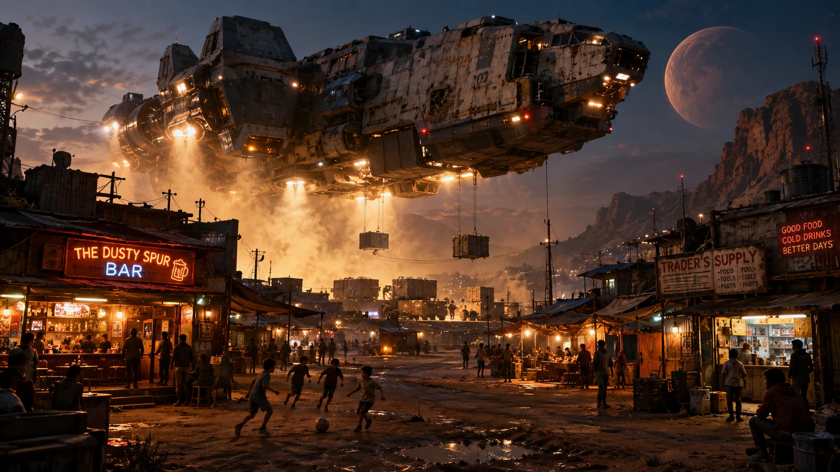 A cargo spaceship hovers above a dusty alien town during resupply