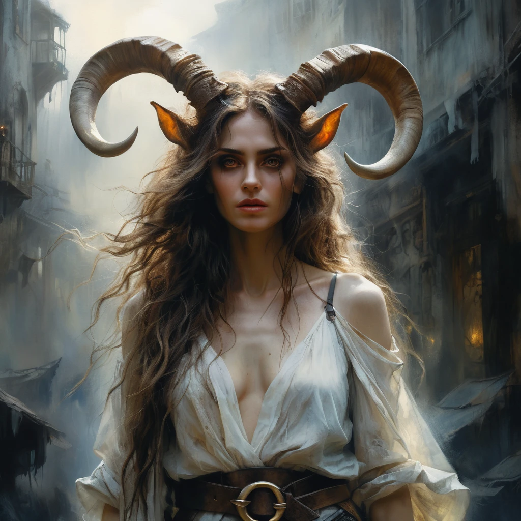 A Horned Woman Emerges Through Mist in a Dreamlike Fantasy Portrait