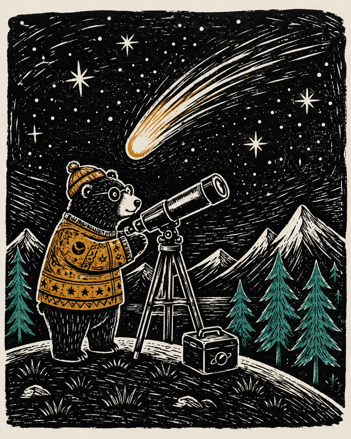 Un ours astronome observe une comète depuis le sommet d’une colline