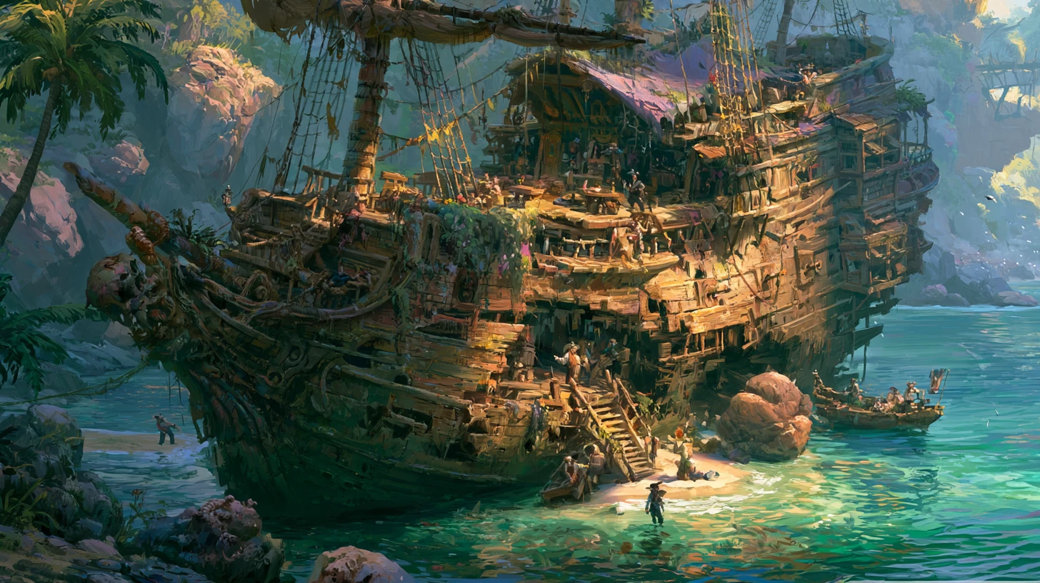 Um navio pirata naufragado transformado em taverna numa enseada escondida