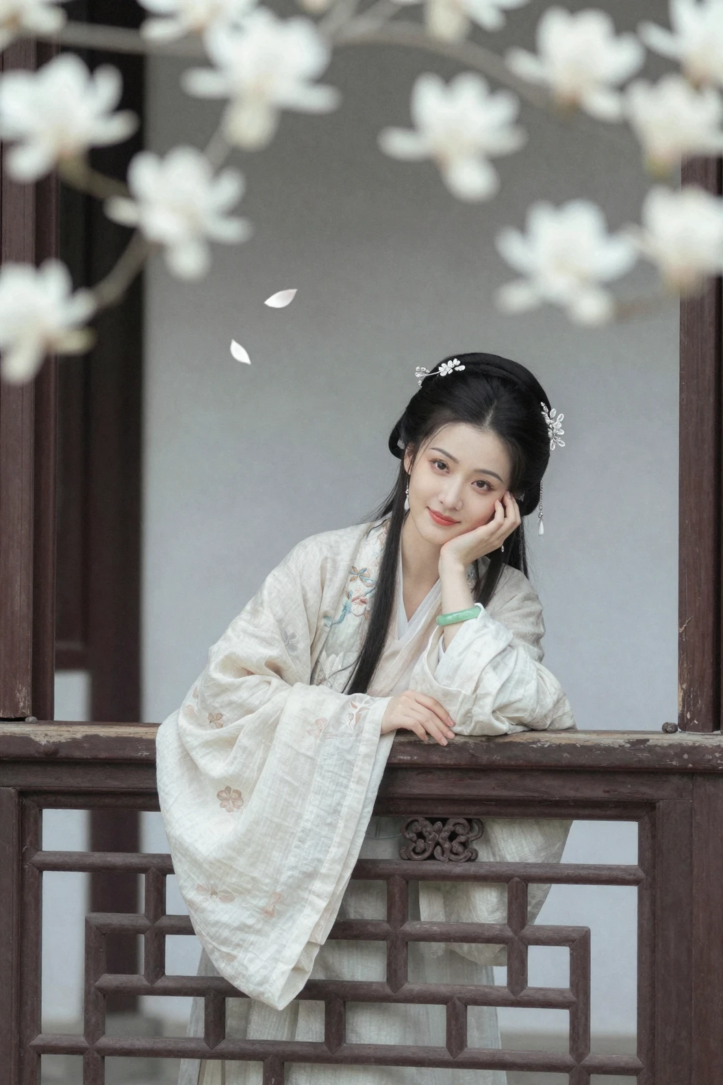 Uma mulher com hanfu tradicional repousa ao lado de uma janela de madeira entalhada com treliça