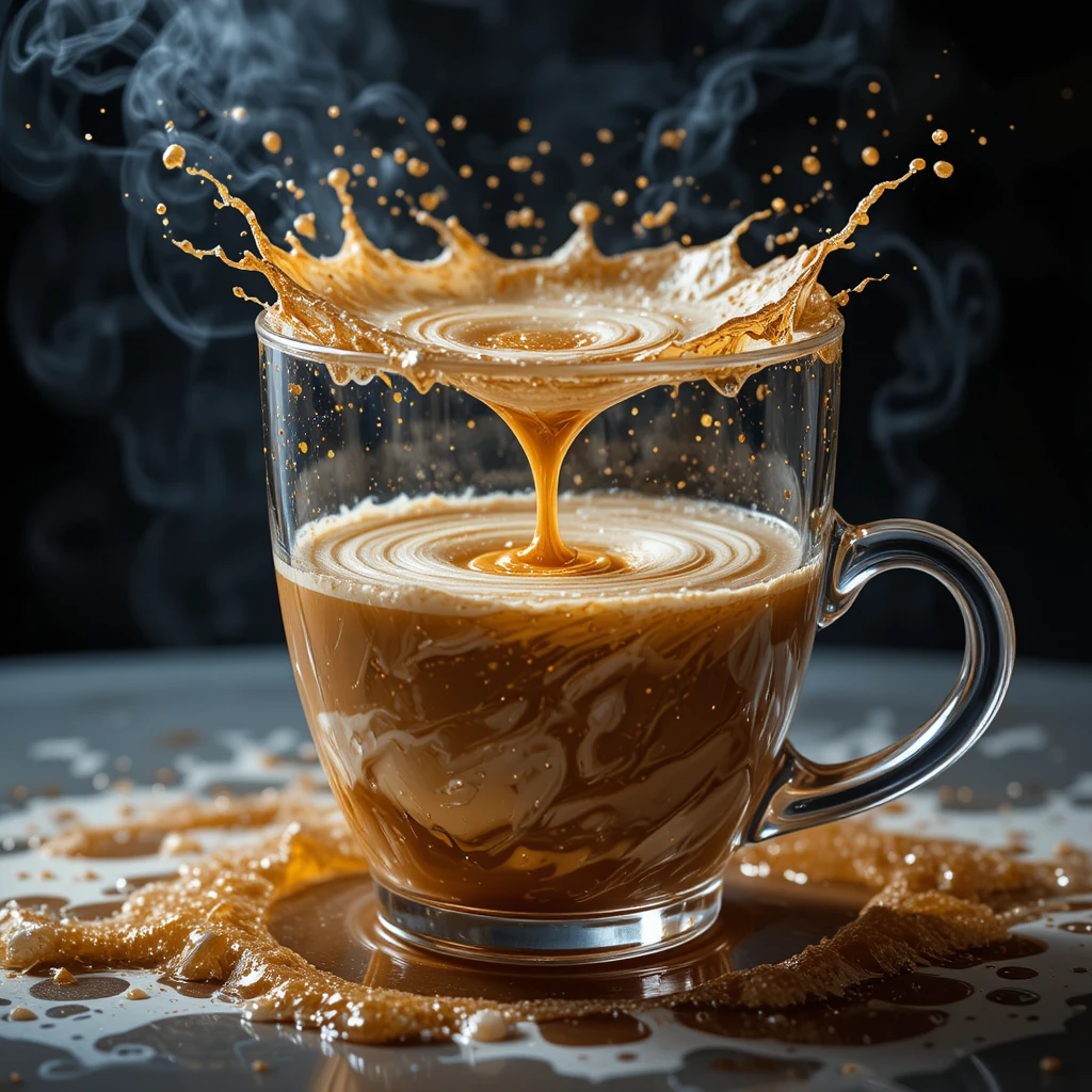 Cosmic galaxy latte art swirls inside a clear glass cup