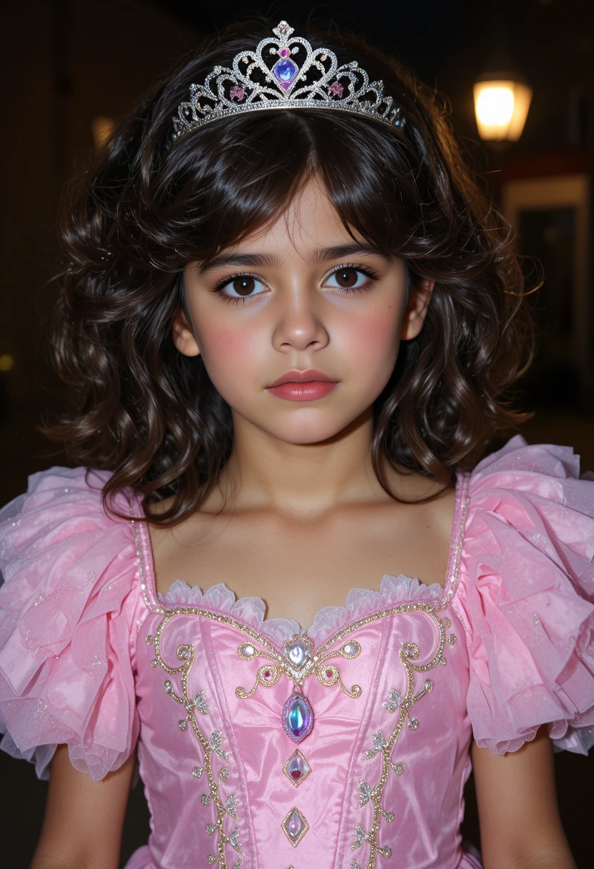 Um menino nervoso usa um vestido de princesa rosa ao ar livre à noite