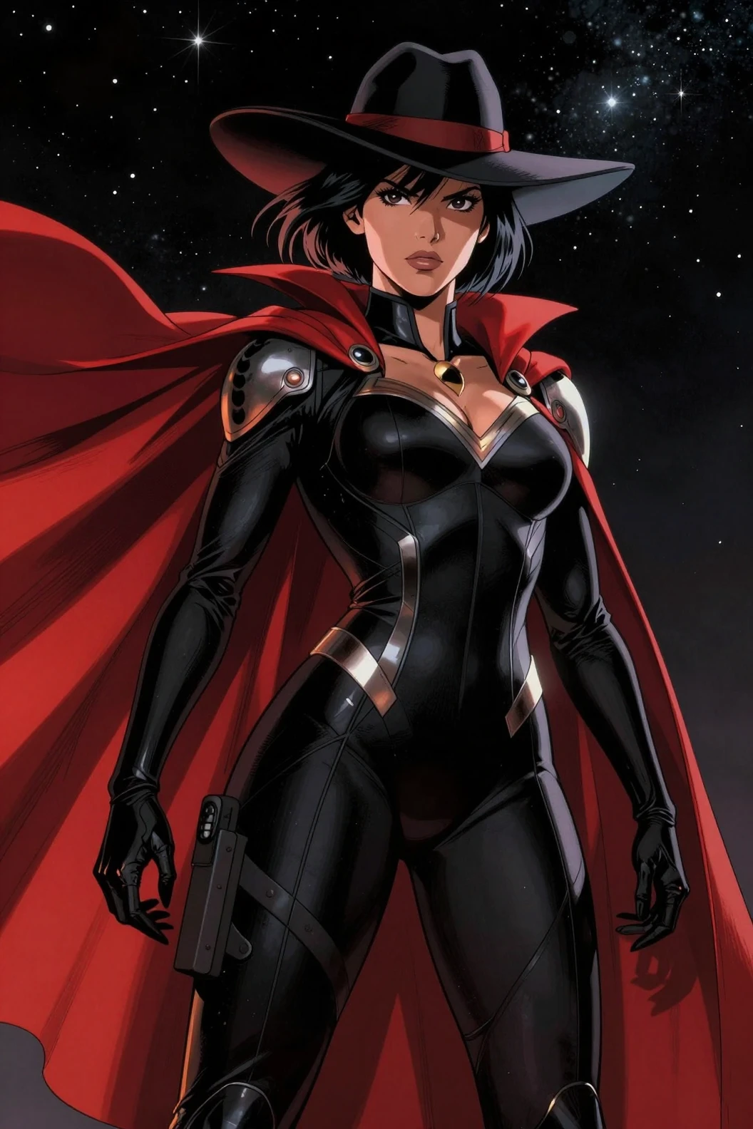 Uma super-heroína de capa sob um céu noturno estrelado
