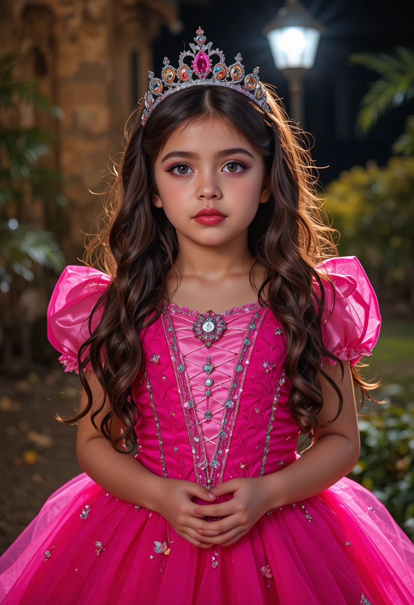 Un bambino nervoso indossa un vestito da principessa all'aperto di notte per Halloween