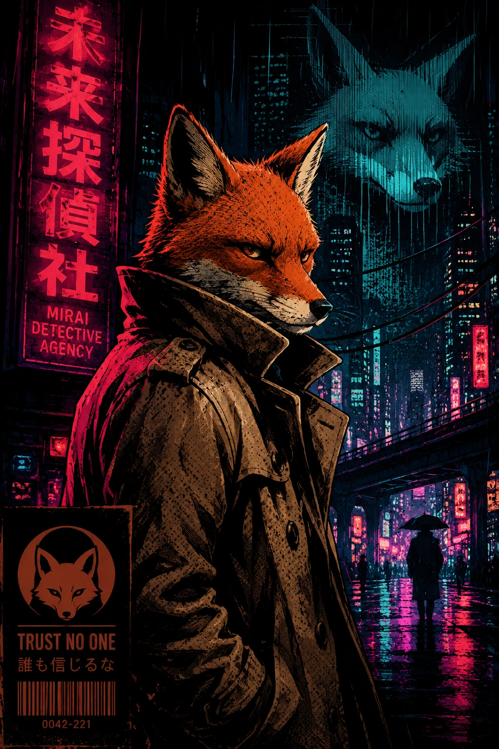 Un zorro detective en una ciudad de neón lluviosa, representado en un póster gráfico