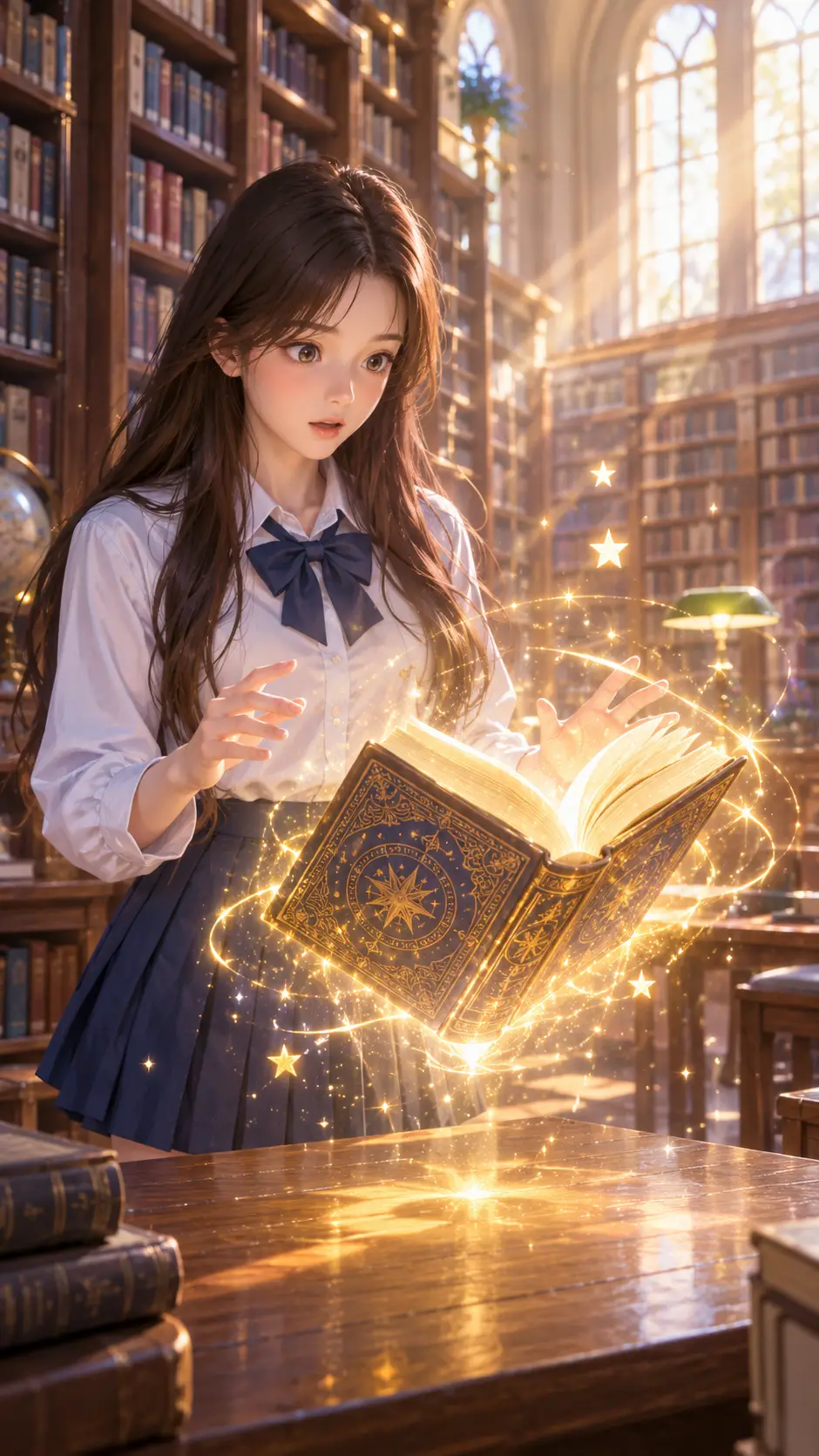 Une écolière découvre un livre lumineux dans sa bibliothèque paisible