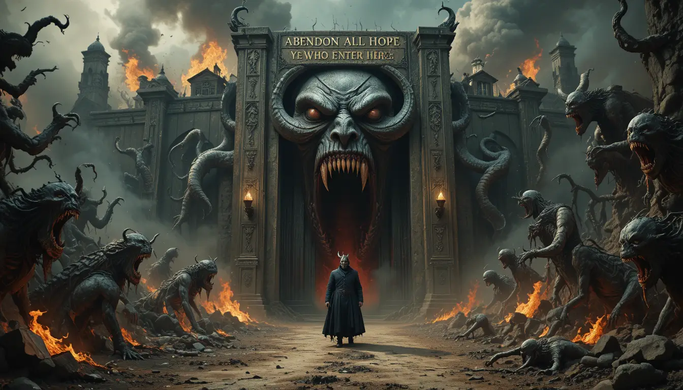 A demonic gate draws damned souls along a desolate path
