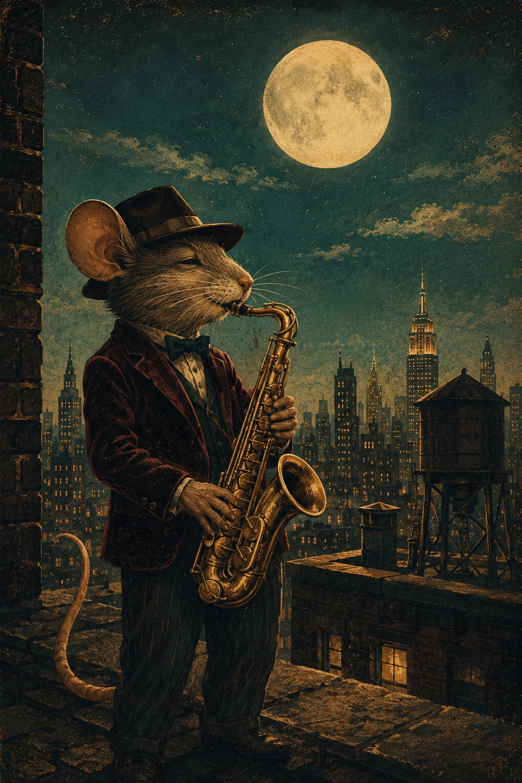 Um rato de jazz toca saxofone num telhado sob a lua cheia