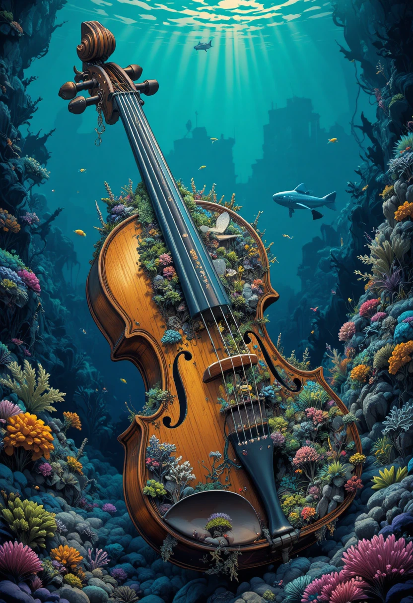 Un royaume sous-marin miniature se déploie dans un immense violon ancien