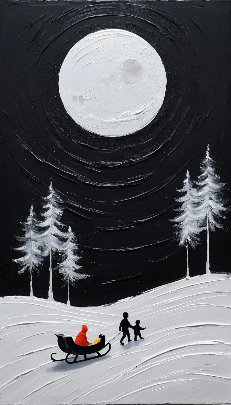 A tiny moon, sled, and children beneath a glow on a textured black background