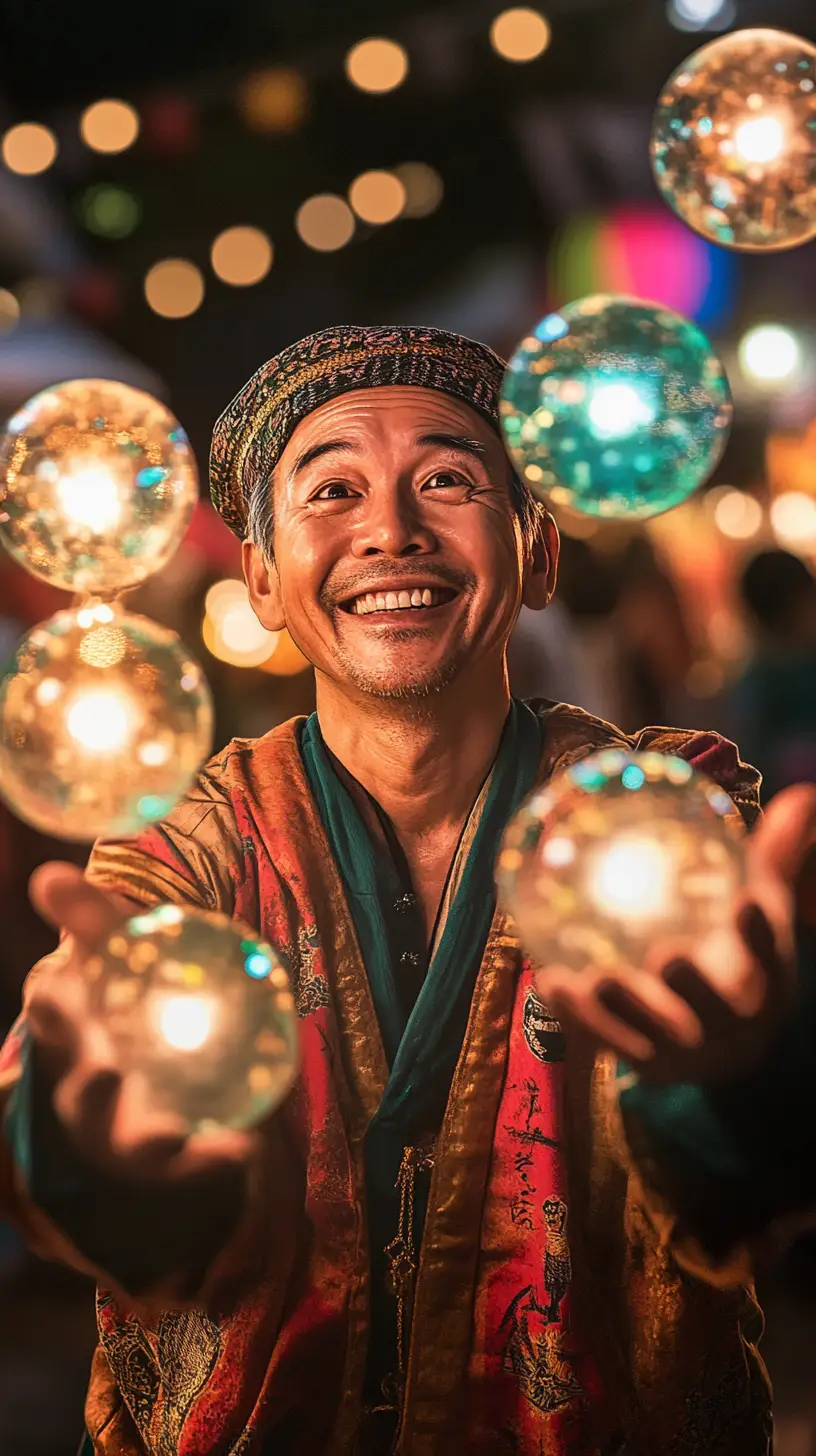 A street performer juggles glowing orbs amid a bustling night market